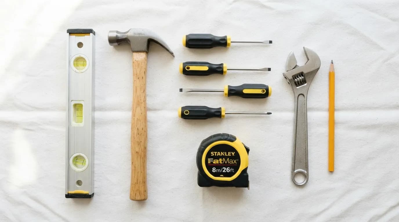 Handyman hand tools laid out on a clean drop cloth in Overland Park